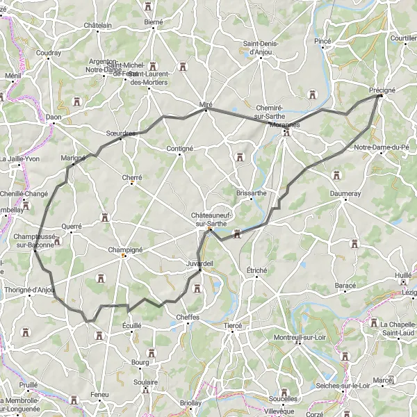 Miniature de la carte de l'inspiration cycliste "Parcours pittoresque en Anjou" dans la Pays de la Loire, France. Générée par le planificateur d'itinéraire cycliste Tarmacs.app