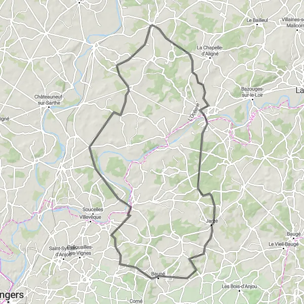 Miniature de la carte de l'inspiration cycliste "Les Charmes de l'Anjou" dans la Pays de la Loire, France. Générée par le planificateur d'itinéraire cycliste Tarmacs.app