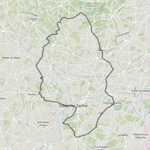 Miniature de la carte de l'inspiration cycliste "Découverte des trésors de la Sarthe" dans la Pays de la Loire, France. Générée par le planificateur d'itinéraire cycliste Tarmacs.app