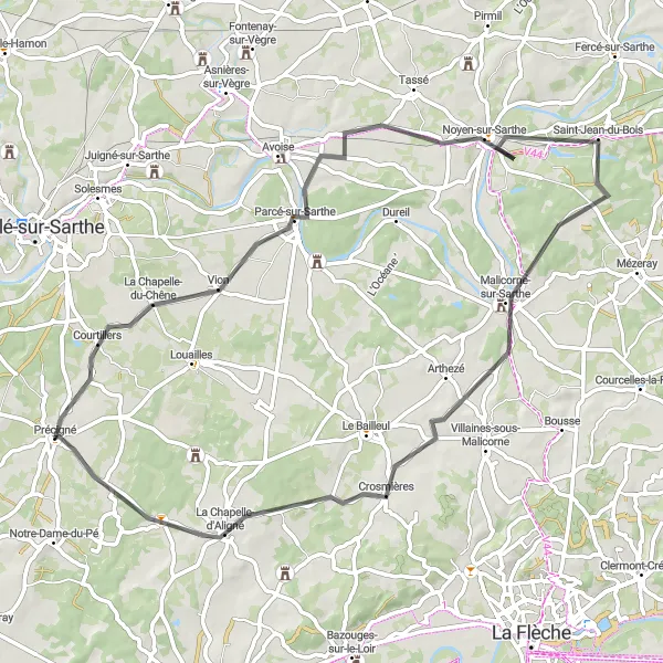 Miniature de la carte de l'inspiration cycliste "Boucle à travers les villages de Sarthe" dans la Pays de la Loire, France. Générée par le planificateur d'itinéraire cycliste Tarmacs.app