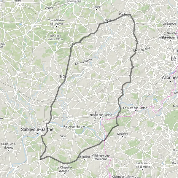 Miniature de la carte de l'inspiration cycliste "La Vallée de la Sarthe" dans la Pays de la Loire, France. Générée par le planificateur d'itinéraire cycliste Tarmacs.app