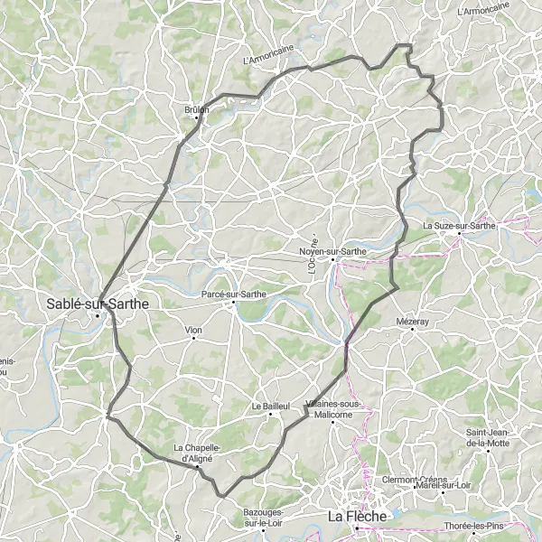Miniature de la carte de l'inspiration cycliste "La Boucle de la Sarthe" dans la Pays de la Loire, France. Générée par le planificateur d'itinéraire cycliste Tarmacs.app