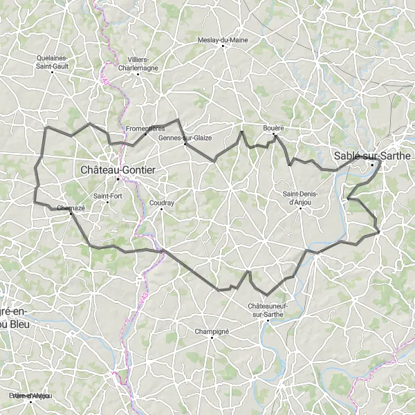 Miniature de la carte de l'inspiration cycliste "Le Circuit des Moulins" dans la Pays de la Loire, France. Générée par le planificateur d'itinéraire cycliste Tarmacs.app