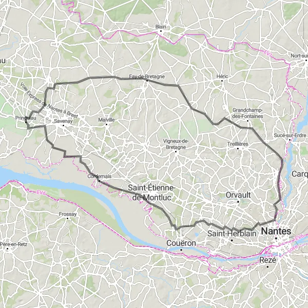 Map miniature of "Prinquiau to Cordemais via Campbon and Château de la Gaudinière" cycling inspiration in Pays de la Loire, France. Generated by Tarmacs.app cycling route planner