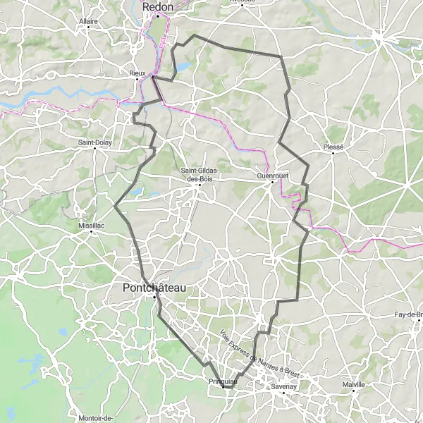 Map miniature of "Prinquiau to Pontchâteau Loop" cycling inspiration in Pays de la Loire, France. Generated by Tarmacs.app cycling route planner