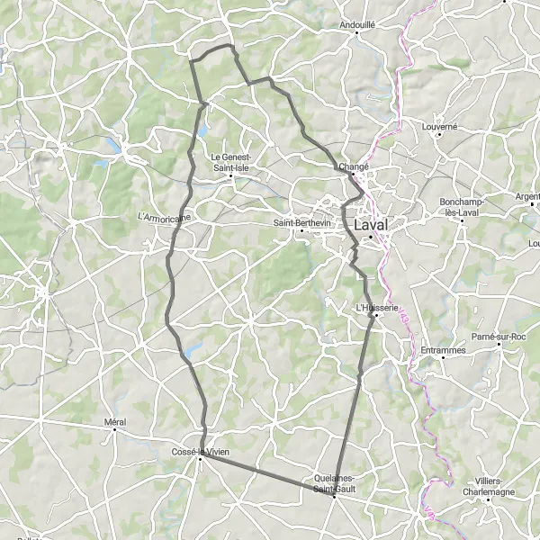 Map miniature of "Cycling from Quelaines-Saint-Gault to Cossé-le-Vivien" cycling inspiration in Pays de la Loire, France. Generated by Tarmacs.app cycling route planner