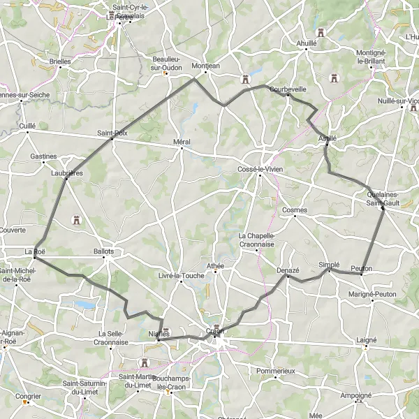 Miniature de la carte de l'inspiration cycliste "Boucle autour de Quelaines-Saint-Gault" dans la Pays de la Loire, France. Générée par le planificateur d'itinéraire cycliste Tarmacs.app