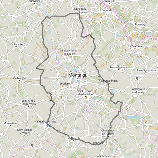 Miniature de la carte de l'inspiration cycliste "Excursion à vélo dans la campagne de la Loire-Atlantique" dans la Pays de la Loire, France. Générée par le planificateur d'itinéraire cycliste Tarmacs.app