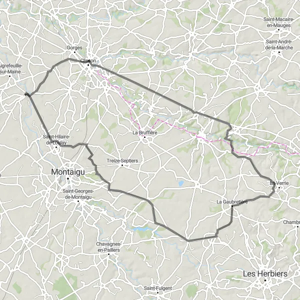 Miniature de la carte de l'inspiration cycliste "Boucle à vélo de route autour de Remouillé" dans la Pays de la Loire, France. Générée par le planificateur d'itinéraire cycliste Tarmacs.app