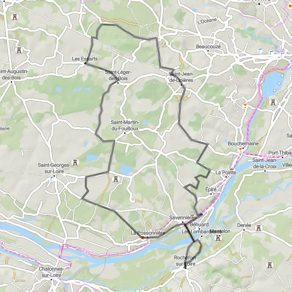 Map miniature of "The Riverside Escape" cycling inspiration in Pays de la Loire, France. Generated by Tarmacs.app cycling route planner