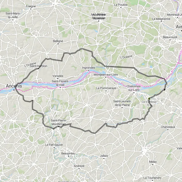 Map miniature of "The Castle Route" cycling inspiration in Pays de la Loire, France. Generated by Tarmacs.app cycling route planner