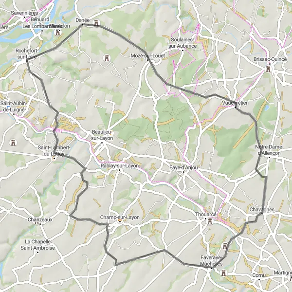 Map miniature of "Mozé Discovery Ride" cycling inspiration in Pays de la Loire, France. Generated by Tarmacs.app cycling route planner