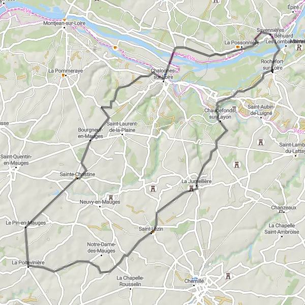 Map miniature of "The Countryside Discovery" cycling inspiration in Pays de la Loire, France. Generated by Tarmacs.app cycling route planner