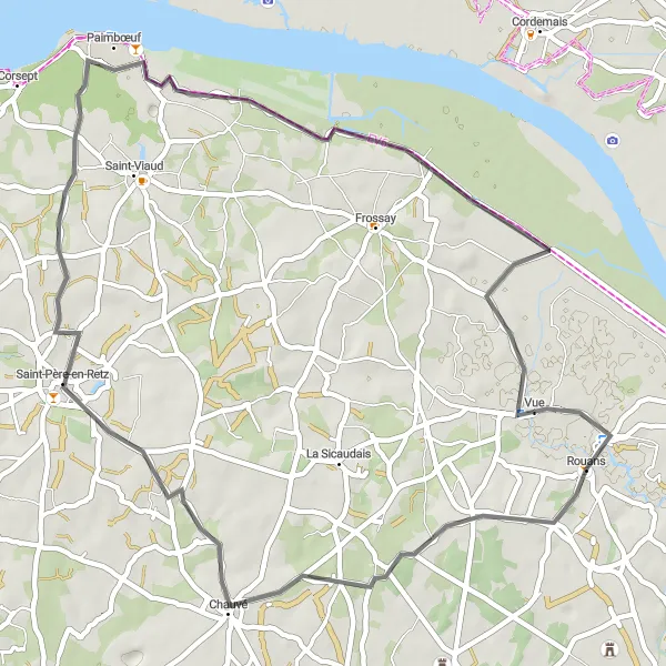 Map miniature of "Rouans to Saint-Père-en-Retz Loop" cycling inspiration in Pays de la Loire, France. Generated by Tarmacs.app cycling route planner