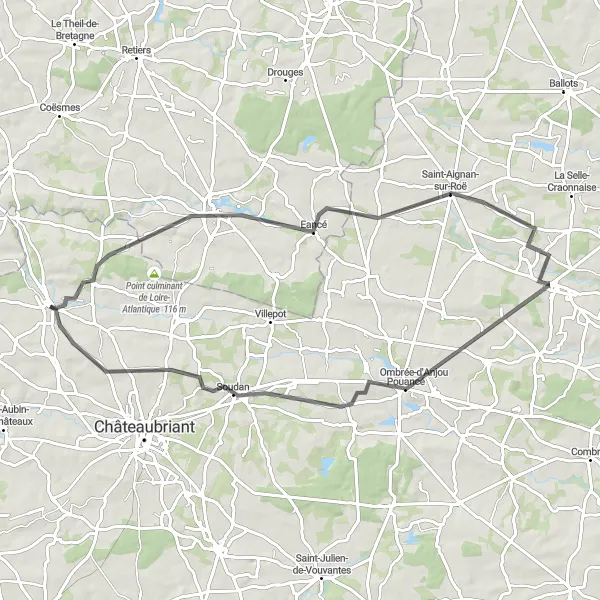 Map miniature of "Scenic Tour of Martigné-Ferchaud" cycling inspiration in Pays de la Loire, France. Generated by Tarmacs.app cycling route planner