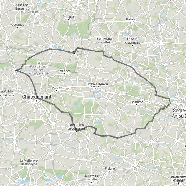 Miniature de la carte de l'inspiration cycliste "La boucle de Martigné-Ferchaud" dans la Pays de la Loire, France. Générée par le planificateur d'itinéraire cycliste Tarmacs.app