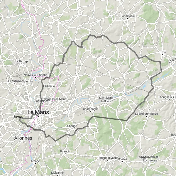 Miniature de la carte de l'inspiration cycliste "Les Villages pittoresques de la Sarthe" dans la Pays de la Loire, France. Générée par le planificateur d'itinéraire cycliste Tarmacs.app