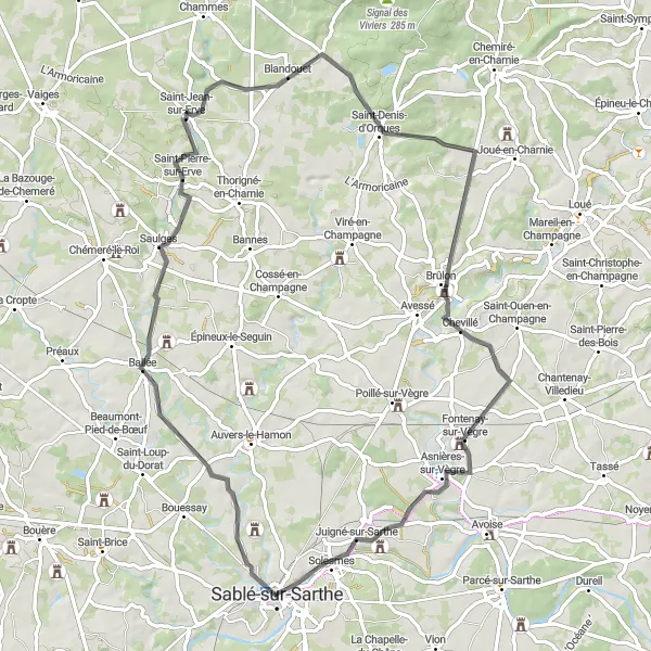 Miniature de la carte de l'inspiration cycliste "Boucle autour de Solesmes" dans la Pays de la Loire, France. Générée par le planificateur d'itinéraire cycliste Tarmacs.app