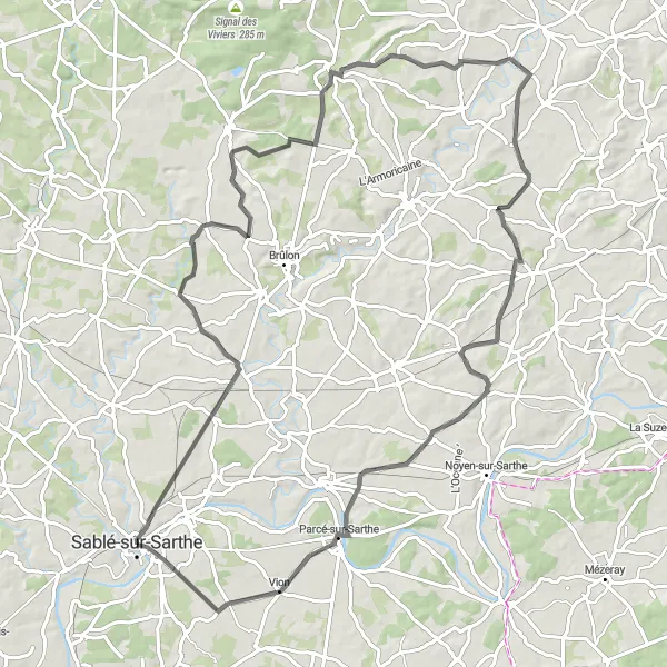 Map miniature of "Vègre Valley Challenge" cycling inspiration in Pays de la Loire, France. Generated by Tarmacs.app cycling route planner