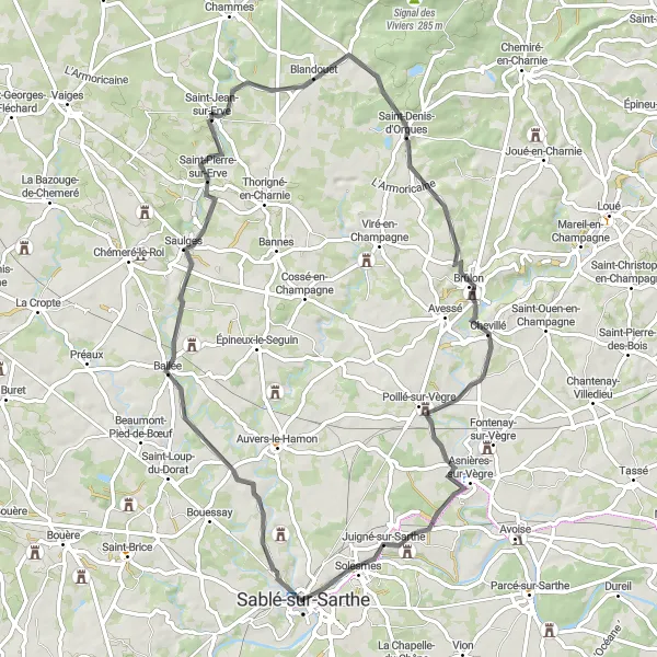 Miniature de la carte de l'inspiration cycliste "Exploration de la Vallée de l'Erve" dans la Pays de la Loire, France. Générée par le planificateur d'itinéraire cycliste Tarmacs.app
