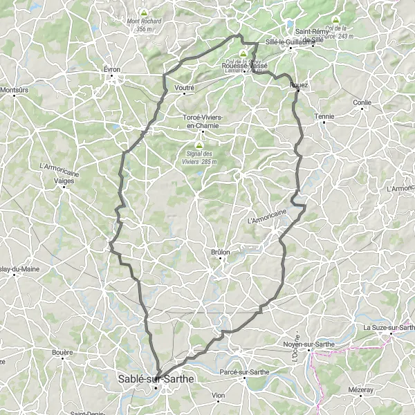 Map miniature of "Sarthe Valley Challenge" cycling inspiration in Pays de la Loire, France. Generated by Tarmacs.app cycling route planner