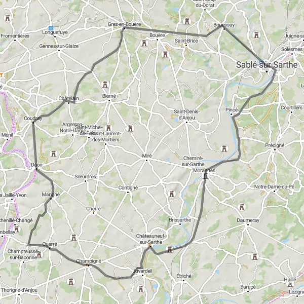 Miniature de la carte de l'inspiration cycliste "Exploration des bords de la Sarthe" dans la Pays de la Loire, France. Générée par le planificateur d'itinéraire cycliste Tarmacs.app