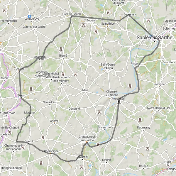 Map miniature of "Scenic Sarthe Ride" cycling inspiration in Pays de la Loire, France. Generated by Tarmacs.app cycling route planner