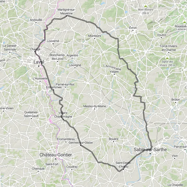 Miniature de la carte de l'inspiration cycliste "De Sablé-sur-Sarthe à Laval" dans la Pays de la Loire, France. Générée par le planificateur d'itinéraire cycliste Tarmacs.app