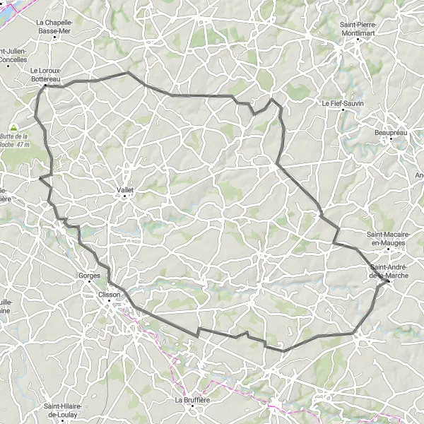 Map miniature of "Road Cycling Route through Saint-André-de-la-Marche, Gétigné, and La Chapelle-Heulin" cycling inspiration in Pays de la Loire, France. Generated by Tarmacs.app cycling route planner