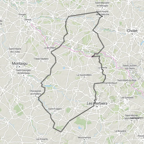 Map miniature of "Road Cycling Route through Saint-Aubin-des-Ormeaux, La Verrie, and Mont des Alouettes" cycling inspiration in Pays de la Loire, France. Generated by Tarmacs.app cycling route planner