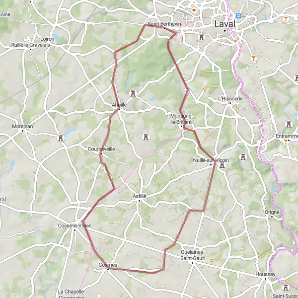 Miniature de la carte de l'inspiration cycliste "Aventure en Gravel à travers la Mayenne" dans la Pays de la Loire, France. Générée par le planificateur d'itinéraire cycliste Tarmacs.app
