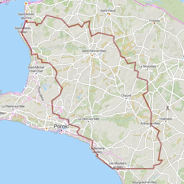 Miniature de la carte de l'inspiration cycliste "Parcours de Gravel Arthon-en-Retz" dans la Pays de la Loire, France. Générée par le planificateur d'itinéraire cycliste Tarmacs.app