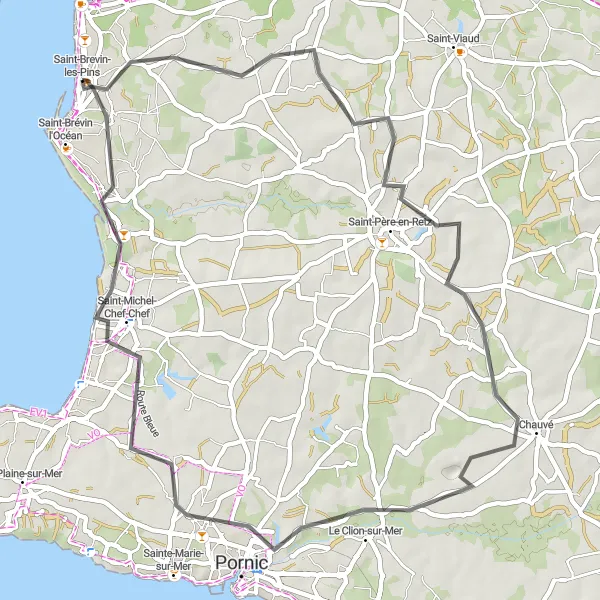 Miniature de la carte de l'inspiration cycliste "Parcours côtier de la Loire-Atlantique" dans la Pays de la Loire, France. Générée par le planificateur d'itinéraire cycliste Tarmacs.app