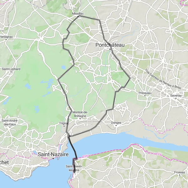 Miniature de la carte de l'inspiration cycliste "Route sur Route à Pontchâteau" dans la Pays de la Loire, France. Générée par le planificateur d'itinéraire cycliste Tarmacs.app