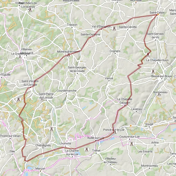 Miniature de la carte de l'inspiration cycliste "Circuit des Trois Rivières" dans la Pays de la Loire, France. Générée par le planificateur d'itinéraire cycliste Tarmacs.app