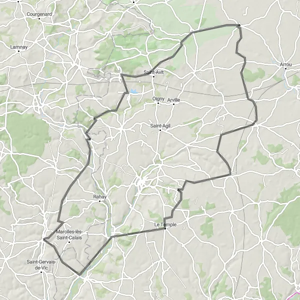 Miniature de la carte de l'inspiration cycliste "Boucle de Saint-Calais à Sargé-sur-Braye" dans la Pays de la Loire, France. Générée par le planificateur d'itinéraire cycliste Tarmacs.app