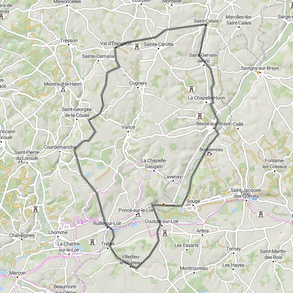 Miniature de la carte de l'inspiration cycliste "Tour autour de Saint-Calais à Sainte-Cérotte" dans la Pays de la Loire, France. Générée par le planificateur d'itinéraire cycliste Tarmacs.app