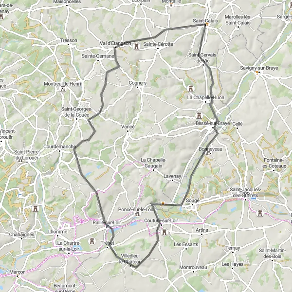 Map miniature of "The Bessé-sur-Braye Route" cycling inspiration in Pays de la Loire, France. Generated by Tarmacs.app cycling route planner