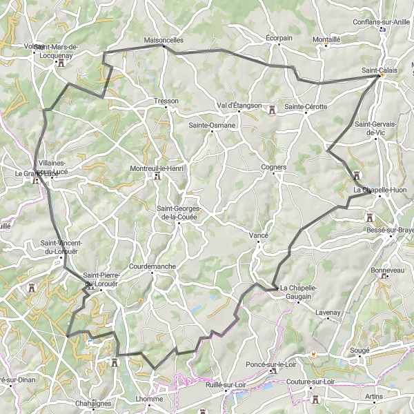 Miniature de la carte de l'inspiration cycliste "Tour de La Chapelle-Huon à Maisoncelles" dans la Pays de la Loire, France. Générée par le planificateur d'itinéraire cycliste Tarmacs.app