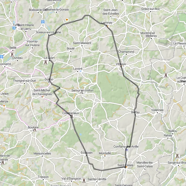 Map miniature of "Écorpain loop road cycling route from Saint-Calais" cycling inspiration in Pays de la Loire, France. Generated by Tarmacs.app cycling route planner