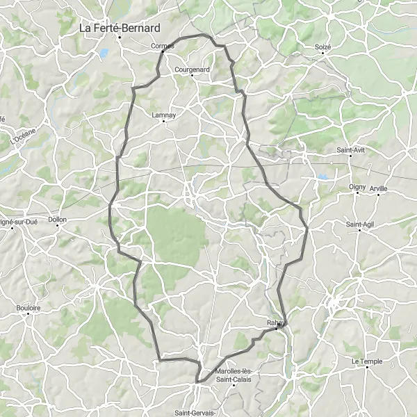 Map miniature of "Montaillé road cycling loop from Saint-Calais" cycling inspiration in Pays de la Loire, France. Generated by Tarmacs.app cycling route planner