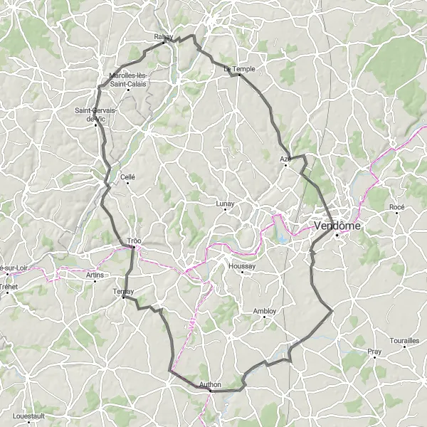 Miniature de la carte de l'inspiration cycliste "Boucle Vallée du Loir" dans la Pays de la Loire, France. Générée par le planificateur d'itinéraire cycliste Tarmacs.app