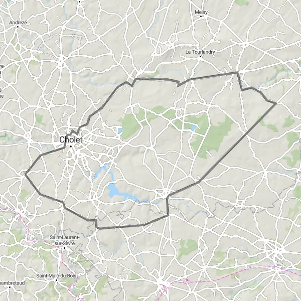 Miniature de la carte de l'inspiration cycliste "Les Châteaux de l'Anjou" dans la Pays de la Loire, France. Générée par le planificateur d'itinéraire cycliste Tarmacs.app