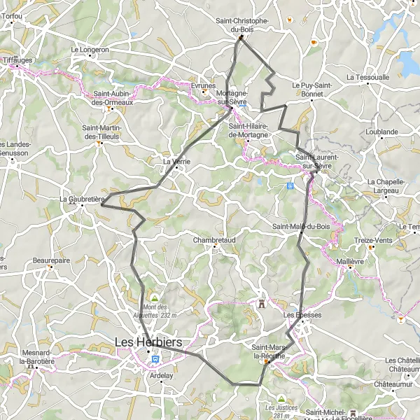 Map miniature of "Saint-Christophe-du-Bois Adventure" cycling inspiration in Pays de la Loire, France. Generated by Tarmacs.app cycling route planner