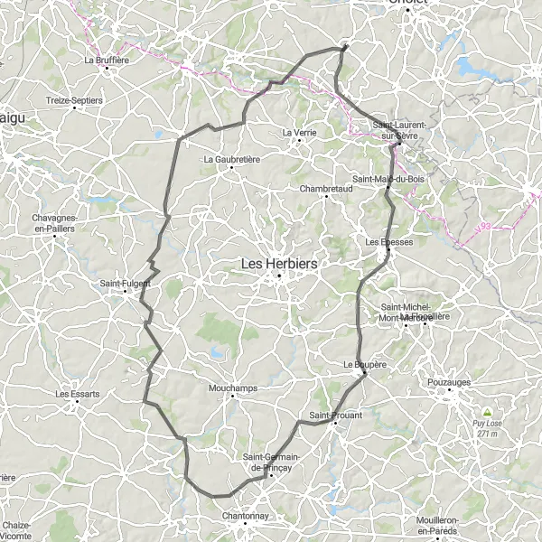 Map miniature of "Mortagne-sur-Sèvre and Beyond" cycling inspiration in Pays de la Loire, France. Generated by Tarmacs.app cycling route planner