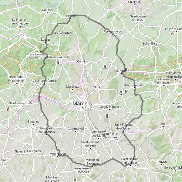 Miniature de la carte de l'inspiration cycliste "Les collines de Perseigne" dans la Pays de la Loire, France. Générée par le planificateur d'itinéraire cycliste Tarmacs.app