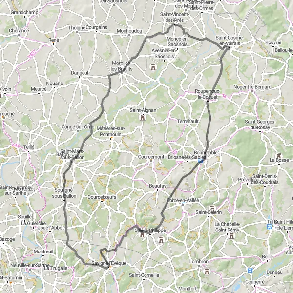 Miniature de la carte de l'inspiration cycliste "La vallée de l'Huisne" dans la Pays de la Loire, France. Générée par le planificateur d'itinéraire cycliste Tarmacs.app