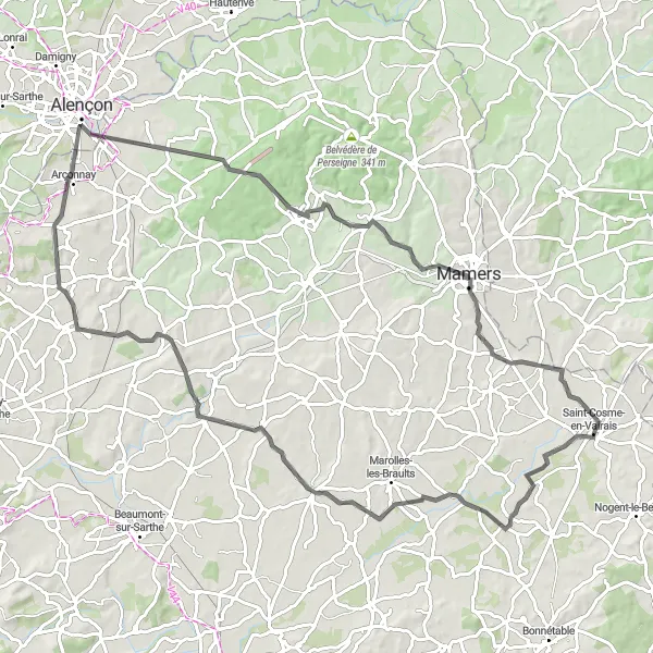 Miniature de la carte de l'inspiration cycliste "Les boucles de la Sarthe" dans la Pays de la Loire, France. Générée par le planificateur d'itinéraire cycliste Tarmacs.app