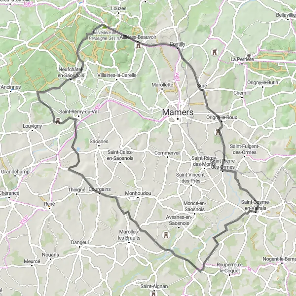 Map miniature of "The Saosnois Loop" cycling inspiration in Pays de la Loire, France. Generated by Tarmacs.app cycling route planner