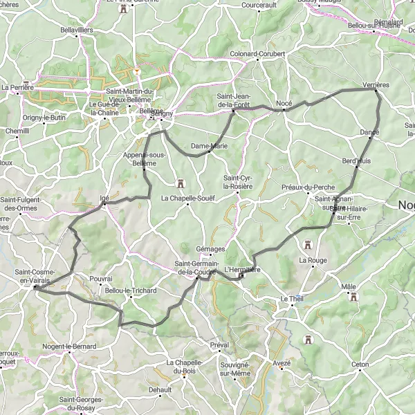 Map miniature of "Road to Bellême" cycling inspiration in Pays de la Loire, France. Generated by Tarmacs.app cycling route planner